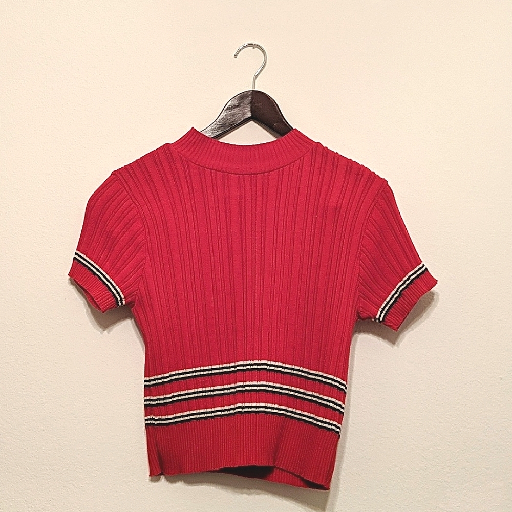 Red with black white striped crop top